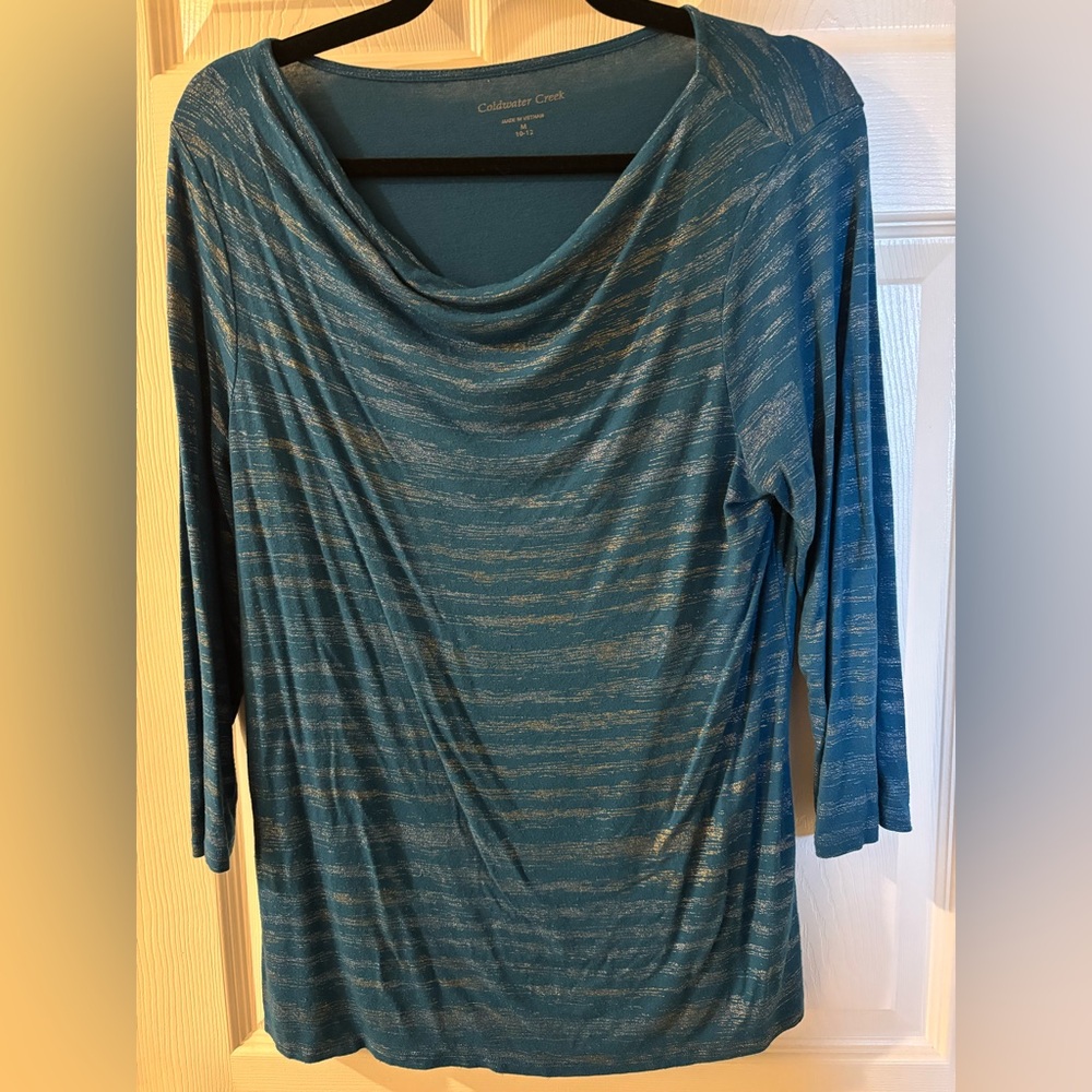 Coldwater Creek Teal & Silver Cowl Neck Top Medium